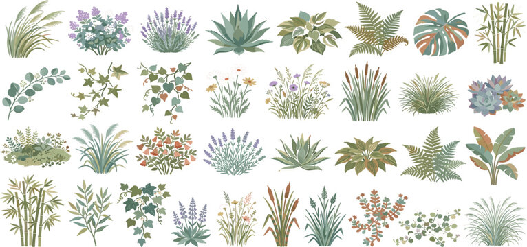 Cute cartoon garden plants tropical leaves wild flowers and green shrubs vector illustration set