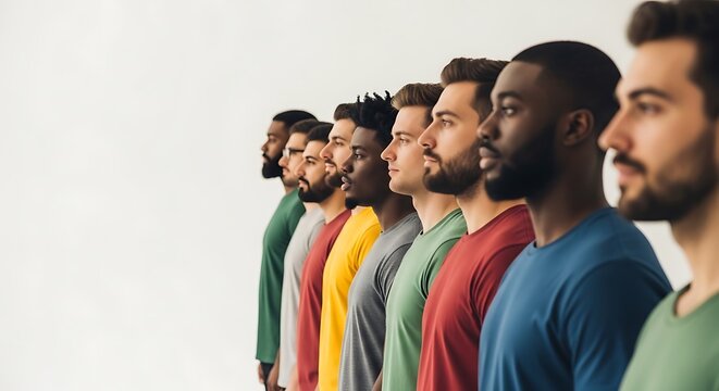 Diverse group of men, side profiles, various skin tones and attire, standing against white backdrop