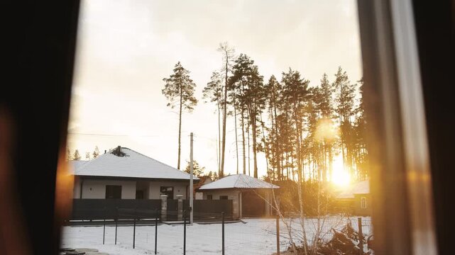 Winter view from a house window as sunlight shines through pine trees above snowy rooftops.