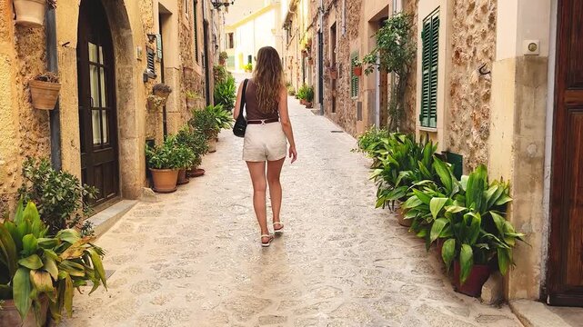 female tourist walking through picturesque town. back view silhouette girl explores enjoys ancient architecture cobbled stone streets, historical old village houses are decorated with flowers plants