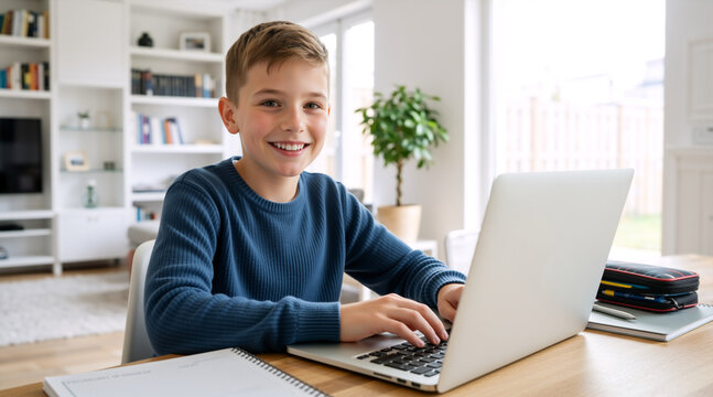 Happy young boy using a laptop at home. Smiling child typing on a computer for online learning and homework in a bright living room