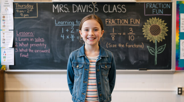 Portrait of a smiling young schoolgirl in a classroom. Happy elementary student standing in front of a blackboard with math lessons. Back to school concept