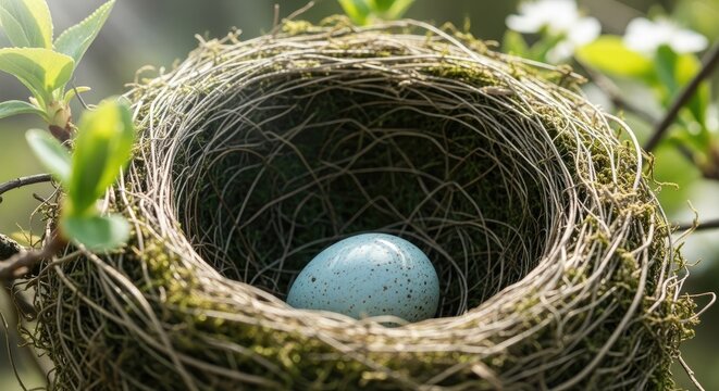 Close-up of speckled blue egg in woven bird nest