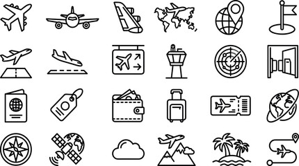 Travel and Aviation Outline Icons Collection Vector Set for Airport and Tourism © Tofijun