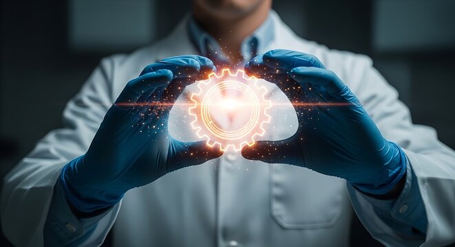 Doctor in lab coat holds glowing gear, symbolizing innovation and technology
