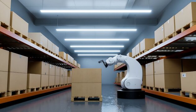 Robotic arm handling cardboard boxes in modern warehouse