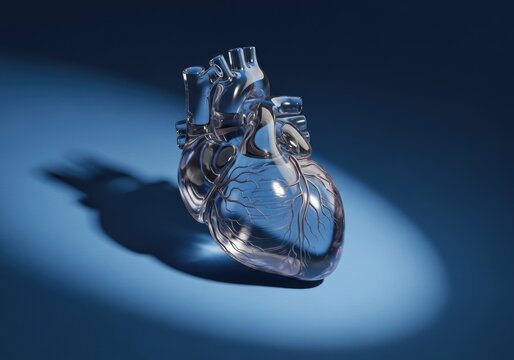 Angled view of glass anatomical heart on blue