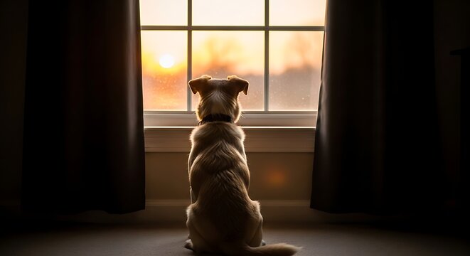 Dog gazes out a window at a sunrise, back-lit, silhouetted against a bright horizon