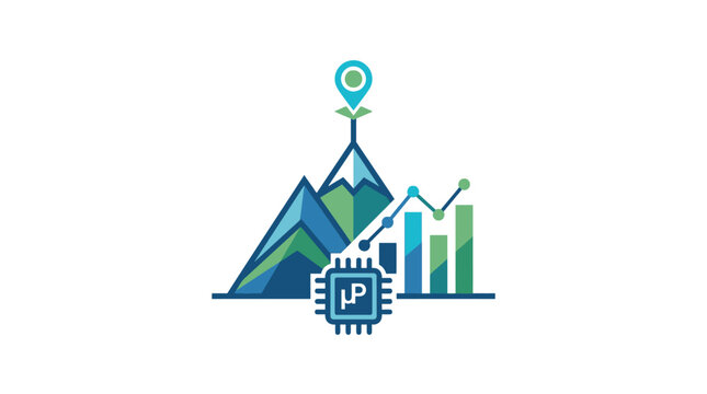 Mountain peaks with data growth charts and microchip.