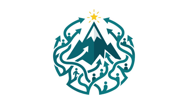 Mountain peak with multiple arrow paths towards success.