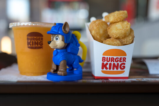 Bangkok, Thailand - July 20, 2026 : Burger King Thailand, collectible figures from Paw Patrol: The Dino Movie. Promotion starts at 129 THB per King Jr. set.