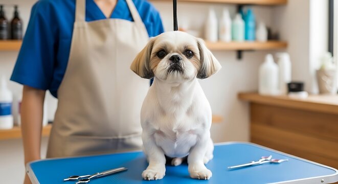 Dog sits attentively on a grooming table, awaiting service; stylist in background