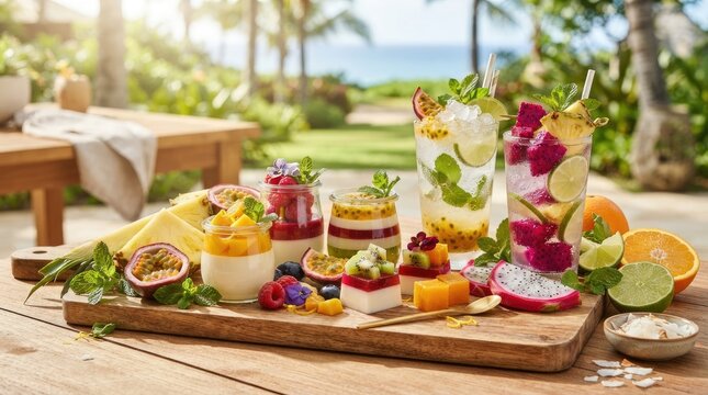 A vibrant and refreshing tropical beverage assortment is displayed on a wooden table outdoors. Several glasses filled with colorful fruit-infused drinks, 