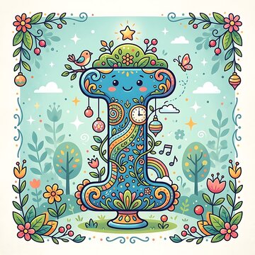 Colorful floral wreath with ornate vase and flowers.