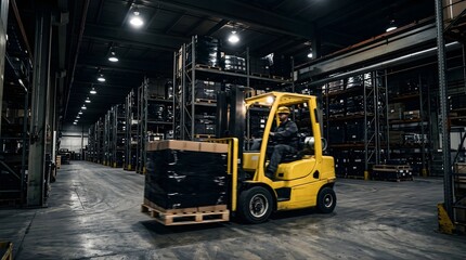 Fototapeta premium Forklift operator moving cargo on pallet in industrial warehouse facility
