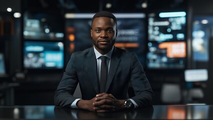 Fototapeta premium Professional Male News Presenter Seated in a Modern Broadcast Studio