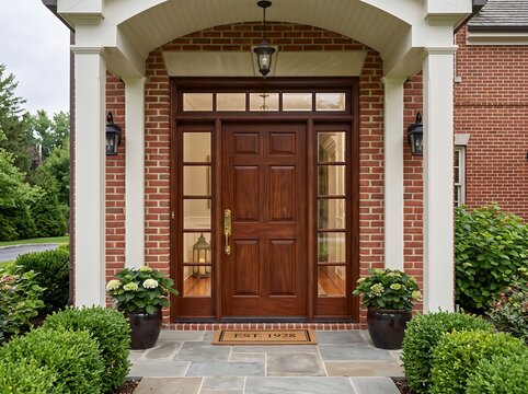 wide angle snapshot of contemporary facade architecture featuring a luxury hardwood entry door and glass transom window