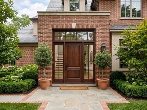 sophisticated exterior home entryway design displaying manicured green bushes and concrete steps during daytime hours