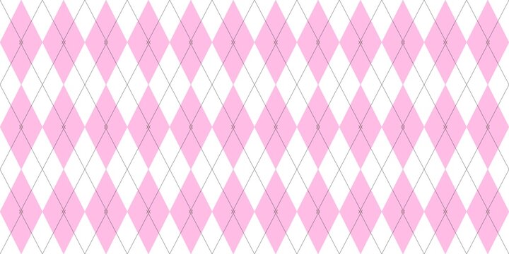 Seamless light pink and white argyle pattern with grey lines. Classic geometric diamond background for textile and fashion.