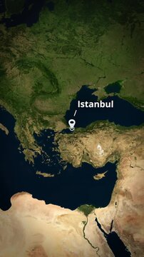 Earth globe zoom to Istanbul, Turkey, featuring a white location pin, a concentric circle highlight, and typographic overlay, optimized for a vertical travel mobile app promo.
