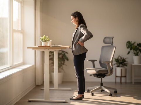 Professional Woman Stretching At A Standing Desk In A Home Office