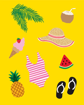 Set of summer elements, ice cream,beach hat, ananas, coconut drink
