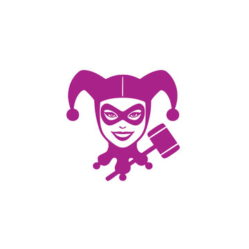 Spooky purple Halloween silhouette of a classic comic book jester supervillain character face smiling wickedly with a large mallet vector graphic design
