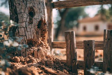 Fototapeta premium Weathered Tree by Rustic Fence Post