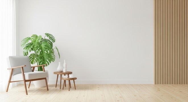 Minimalist living room interior with armchair, monstera plant, and blank white wall mockup for art.