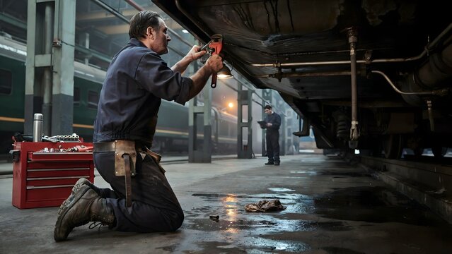 Skilled Mechanic Performing Inspection and Maintenance Under Large Industrial Vehicle