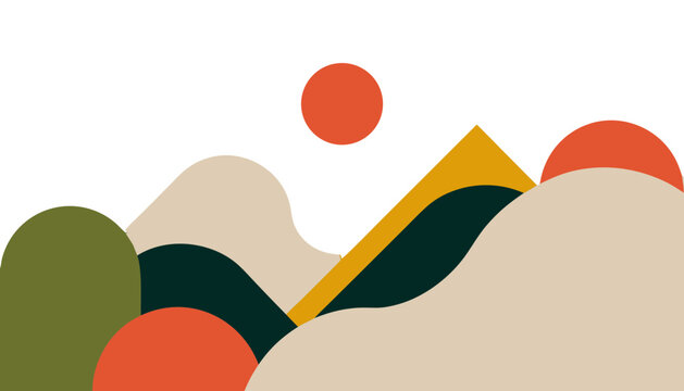 A modern minimalist abstract landscape illustration featuring stylized hills, mountains, and a rising sun in warm earth tones, terracotta, mustard yellow, beige, and olive green. Ideal for boho wall 