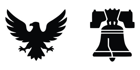 Fototapeta premium American Bald Eagle and Liberty Bell Icons Set Minimalist Solid Black Geometric Shapes Vector Pack