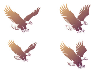 Fototapeta premium Set of four flying bald eagle illustrations in a flat artistic graphic design style