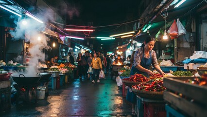 Naklejka premium Vibrant Night Market Scene with Food Vendors and Shoppers Under Colorful Lights