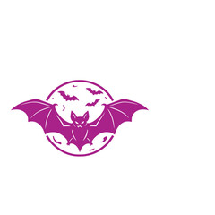 Fototapeta premium Spooky purple Halloween silhouette showcasing a creepy flying vampire bat spreading its wings across a bright full moon outline vector graphic design element