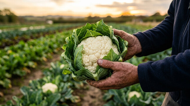 Farmer holding fresh cauliflower in field. Organic vegetable harvest at sunset.