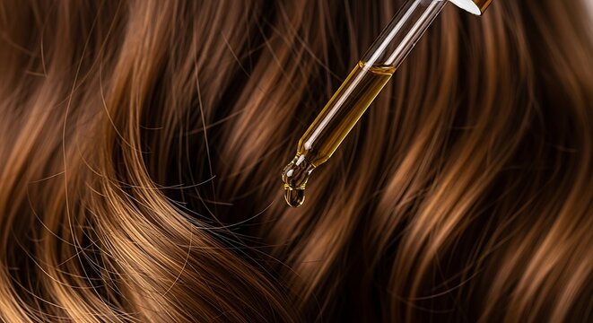 Dropper dispensing oil onto flowing, wavy brown hair, close-up with focus on the droplet