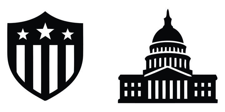 US Flag Shield and Capitol Building Icons Set Minimalist Solid Black Geometric Shapes Vector Pack