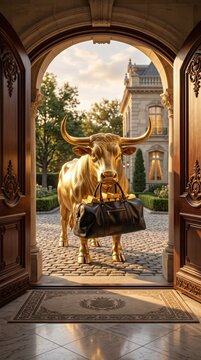 Golden bull statue standing outside a luxury mansion entrance holding a black duffel bag filled with gold bars in its mouth.