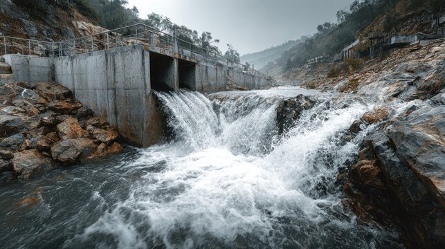 Powerful water flow from concrete spillway into a rocky mountain river landscape on an overcast day