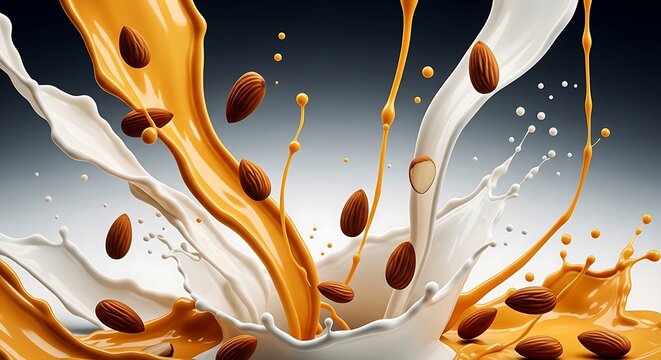 Dynamic image of colliding almond milk and liquid, scattered nuts create splash effect