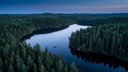 Aerial view of a serene blue lake surrounded by dense evergreen pine forest at twilight. © bubuk_mesiu