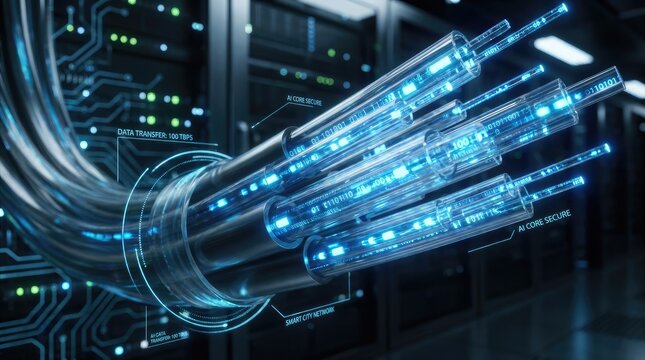 A digital rendering showcases a fiber optic cable extending from a server rack within a data center. The cable glows with a vibrant blue light, symbolizing 