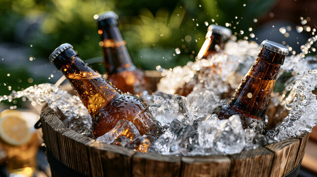 Four cold beer bottles chilling in a rustic wooden bucket at an outdoor barbecue, crystal ice cubes, energetic water splash, lush green garden softly blurred in the background, perfect summer refres