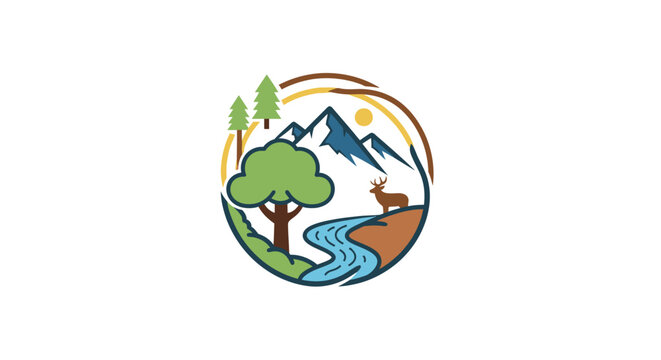 Round outdoor emblem with mountains river and deer.