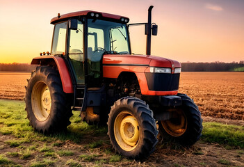 Fototapeta premium Red farm tractor parked in field at sunset