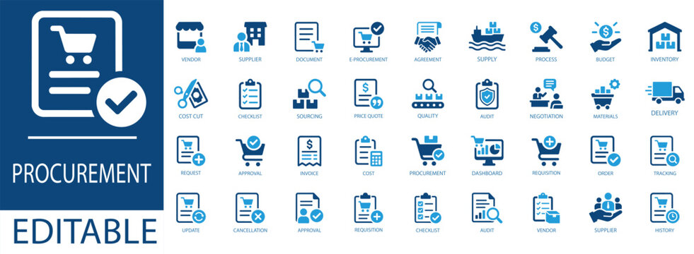 Set of procurement icons, including vendor, supplier,  procurement, inventory, sourcing, negotiation, delivery, and invoice symbols for business management. Editable vector illustration