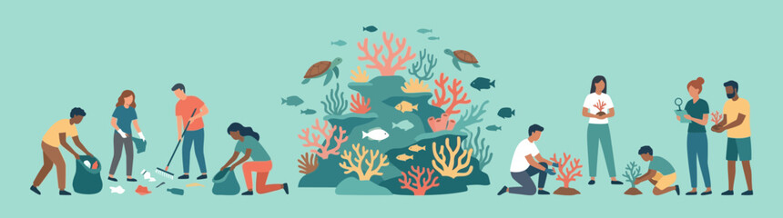 People Cleaning Ocean Beach and Protecting Coral Reef Illustration © Bakul
