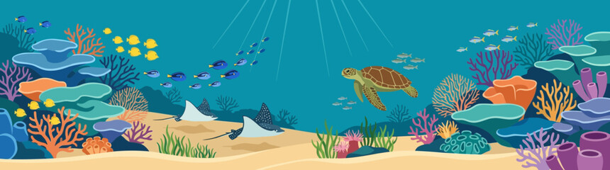 Underwater Coral Reef Scene with Sea Turtle and Stingrays © Bakul