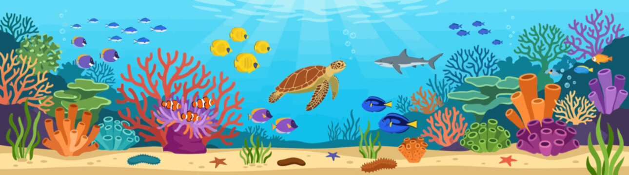 Underwater Coral Reef Scene with Sea Turtle and Tropical Fish